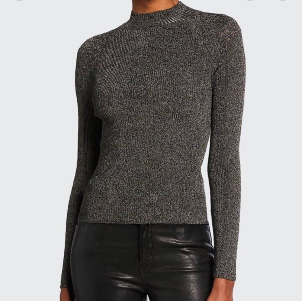 Ramy Brook Womens Donella Mock Neck Metallic Sweater Top Sz XS ? Ribbed Stretchy